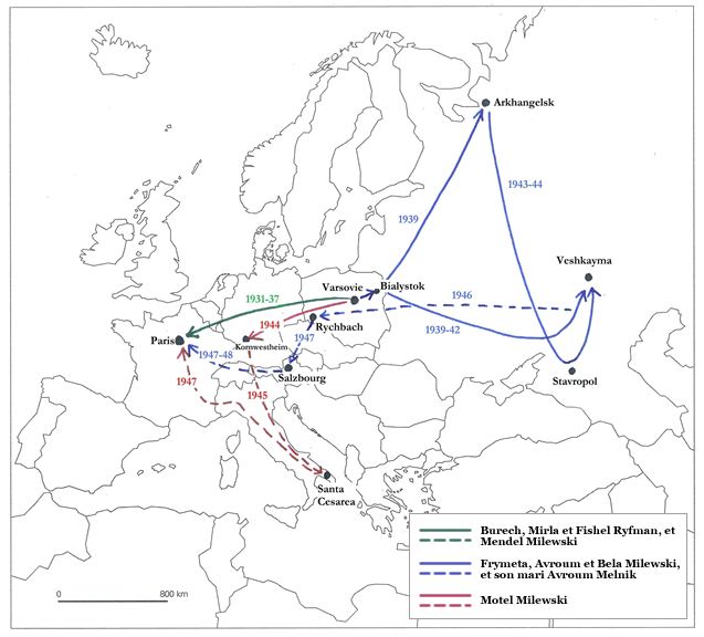 Les survivants, de Varsovie  Paris - carte avec les trajectoires des membres des familles Ryfman et Milewski, avant, pendant et aprs la guerre.