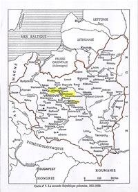 Jablonna, Miedzeszyn et Zelechow, o ont vcu les membres des familles Milewski et Ryfman (en rouge, les frontires polonaises de 1921  1939).