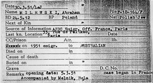Selon les sources franaises de l'office d'immigration, Abraham Milewski dclare habiter au 33 rue de Palikao  Paris et vouloir migrer en Australie en 1951. Il est accompagn de Bela Melnik.