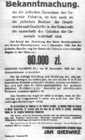 La guerre  Falenica : Dcret adopt le 11 dcembre 1939 ordonnant aux habitants juifs de dposer 80 000 zlotys auprs de la communaut avant le 20 dcembre 1939.