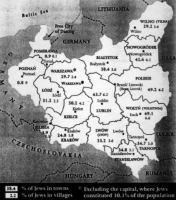 La prsence juive dans les villes et les villages en 1931 (les pourcentages de Juifs dans les villages indiqus sur cette carte ne sont pas reprsentatifs du fait que dans les shtetlekh, les Juifs constituent la majorit de la population).